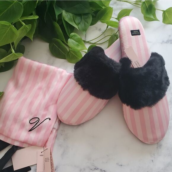Victoria Secrets Pink & White Heritage Stripe Satin+Faux Fur Slippers+travel Bag - Picture 2 of 6